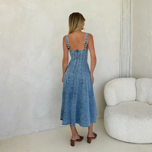 Adjustable strap denim maxi dress women spaghetti strap swing jean dress, back view