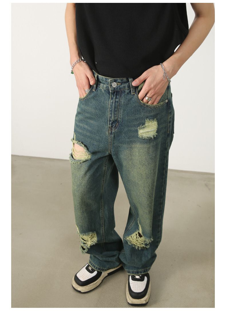 Baggy Jeans for Men Ripped Straight Leg Pants Y2K Distressed Denim Streetwear