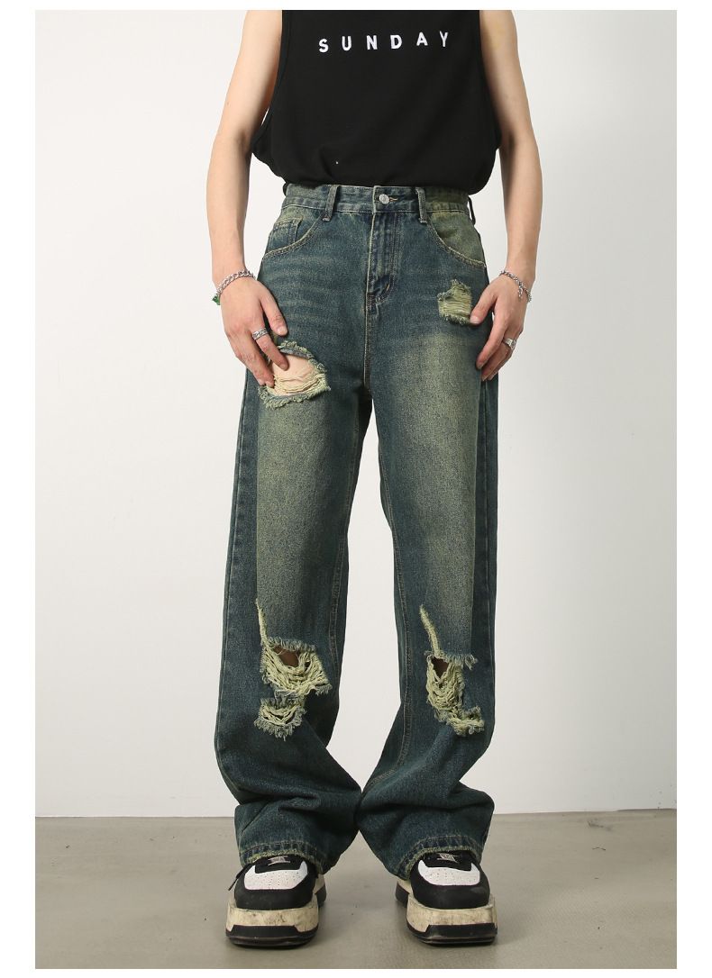 Baggy Jeans for Men Ripped Straight Leg Pants Y2K Distressed Denim Streetwear