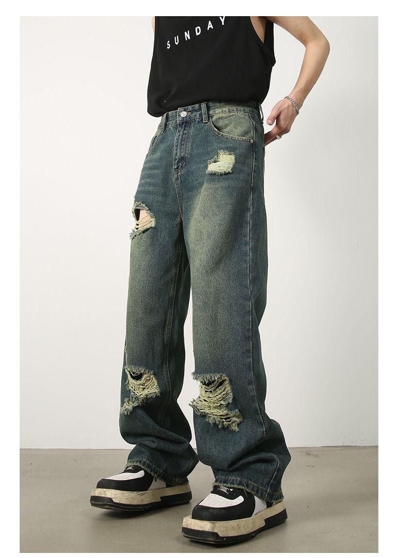 Baggy Jeans for Men Ripped Straight Leg Pants Y2K Distressed Denim Streetwear