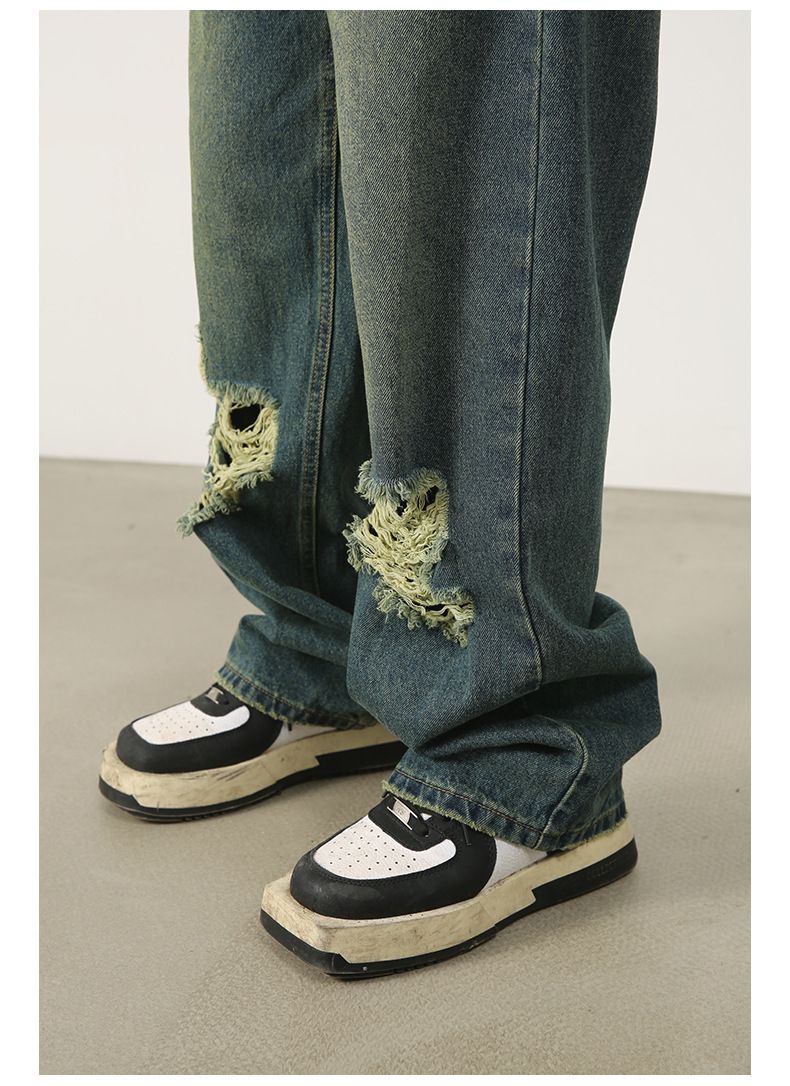 Baggy Jeans for Men Ripped Straight Leg Pants Y2K Distressed Denim Streetwear
