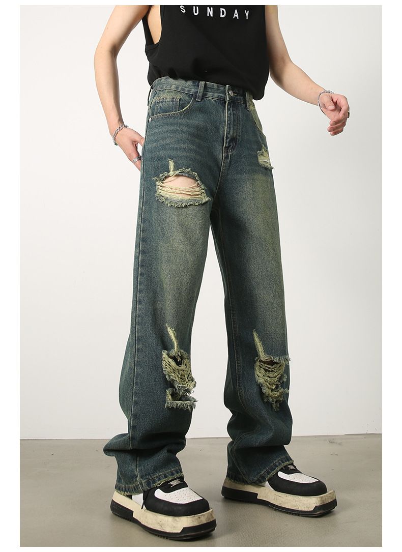 Baggy Jeans for Men Ripped Straight Leg Pants Y2K Distressed Denim Streetwear