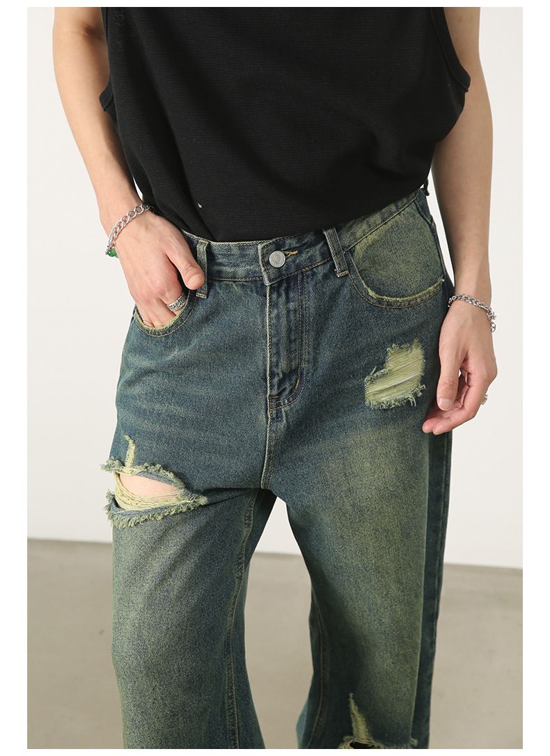 Baggy Jeans for Men Ripped Straight Leg Pants Y2K Distressed Denim Streetwear
