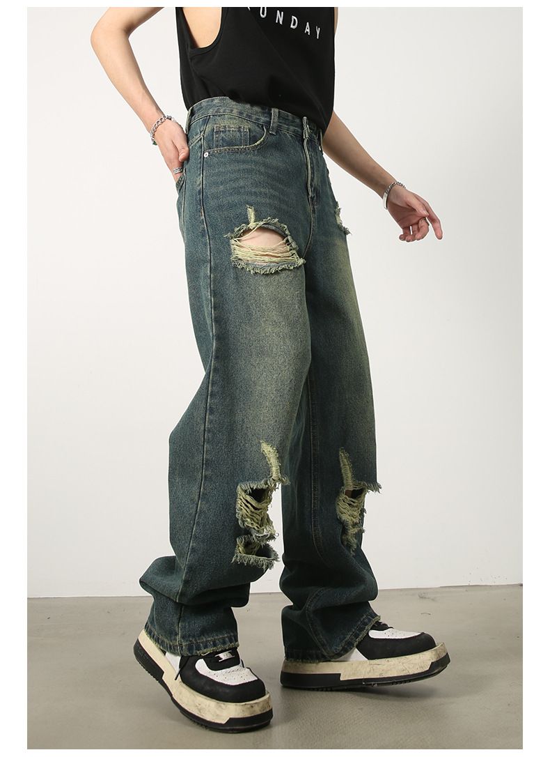 Baggy Jeans for Men Ripped Straight Leg Pants Y2K Distressed Denim Streetwear