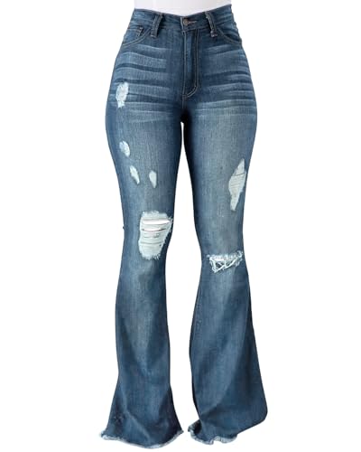 Flare Jeans Women High Waist Ripped Distressed Trousers Denim Pants