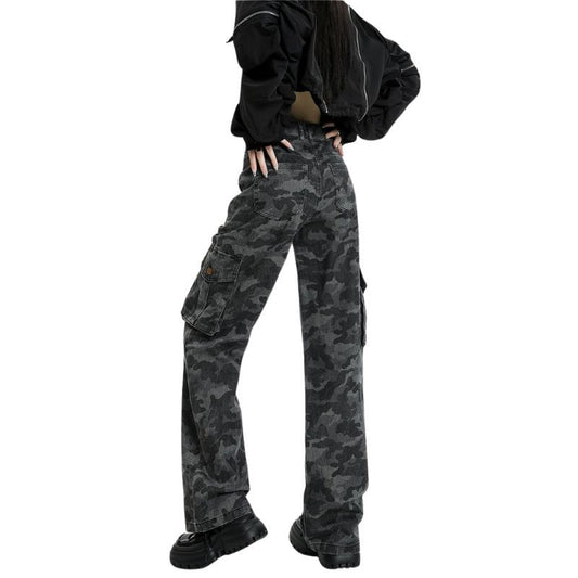 Camouflage Jeans Cargo Pants Women Y2K High Waisted Baggy Wide Leg Trousers