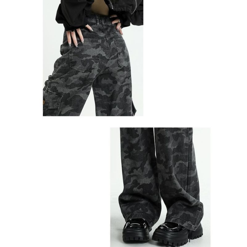 Camouflage Jeans Cargo Pants Women Y2K High Waisted Baggy Wide Leg Trousers