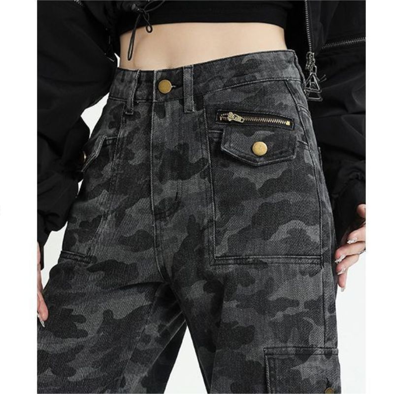 Camouflage Jeans Cargo Pants Women Y2K High Waisted Baggy Wide Leg Trousers