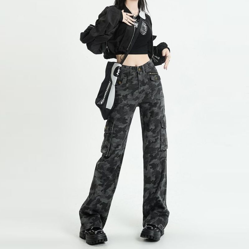 Camouflage Jeans Cargo Pants Women Y2K High Waisted Baggy Wide Leg Trousers