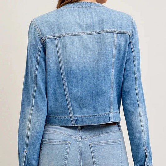 Collarless cropped denim jacket women button up jean coat, back view