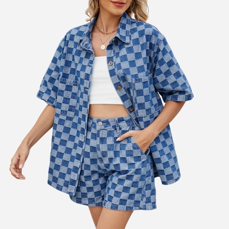 Denim shirt and shorts set women button up two piece outfit