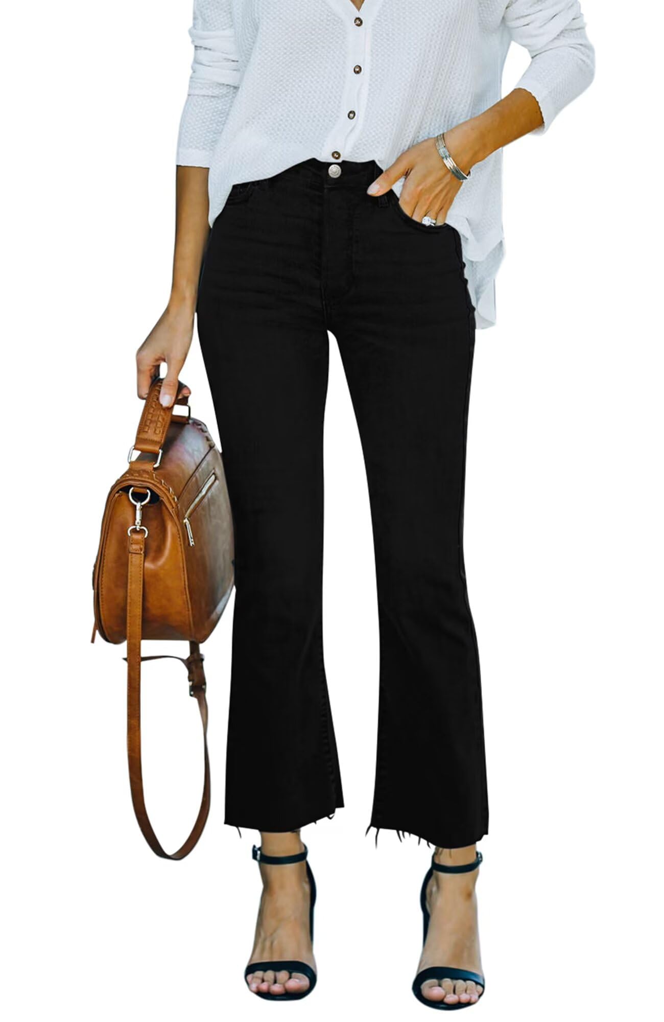 Flare Jeans for Women Cropped Stretchy Mid Rise Bell Bottom Jeans Pants