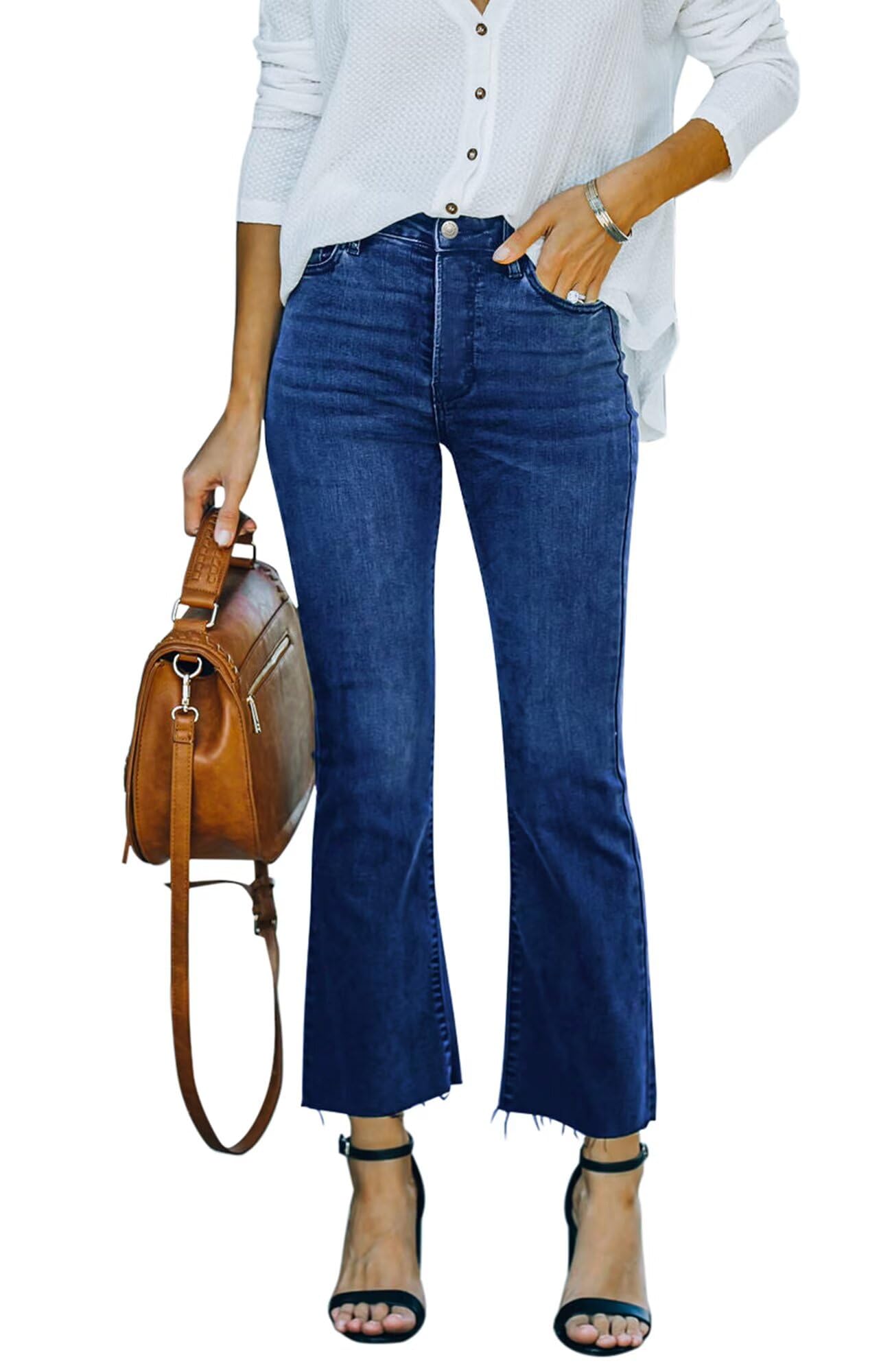 Flare Jeans for Women Cropped Stretchy Mid Rise Bell Bottom Jeans Pants