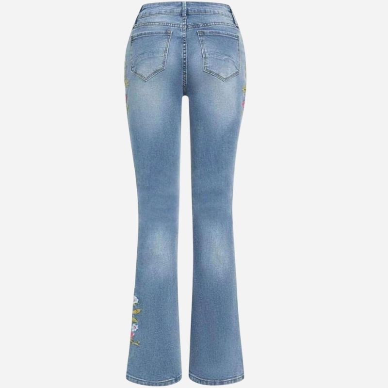 Women's Floral Embroidery Low Waist High Stretch Bootcut Jeans with back view