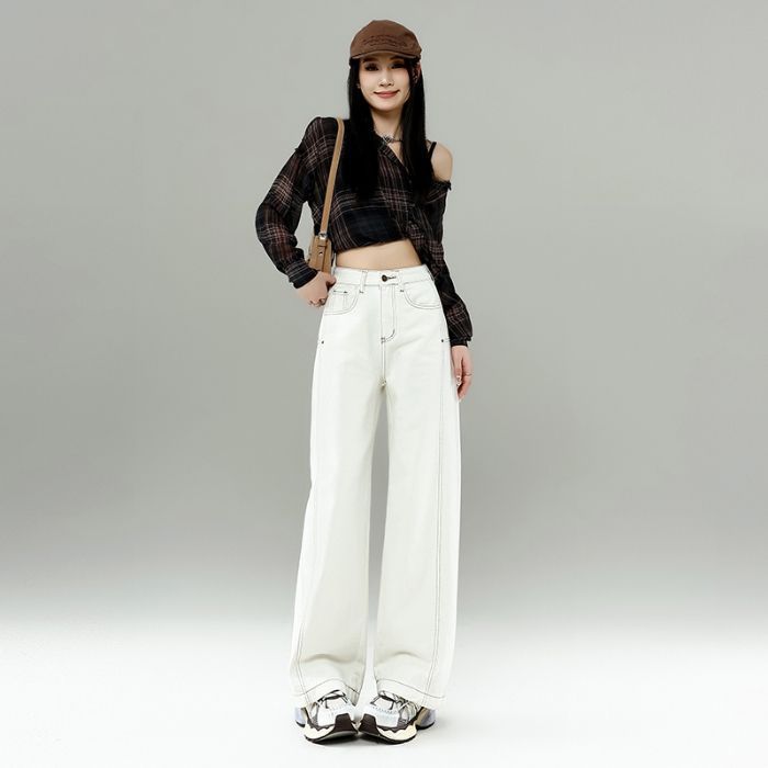 High Waist Curved Hem Straight Wide Leg Jeans Women Y2K Baggy Denim Trousers white color