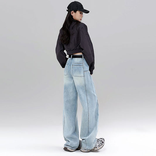 High Waist Curved Hem Straight Wide Leg Jeans Women Y2K Baggy Denim Trousers