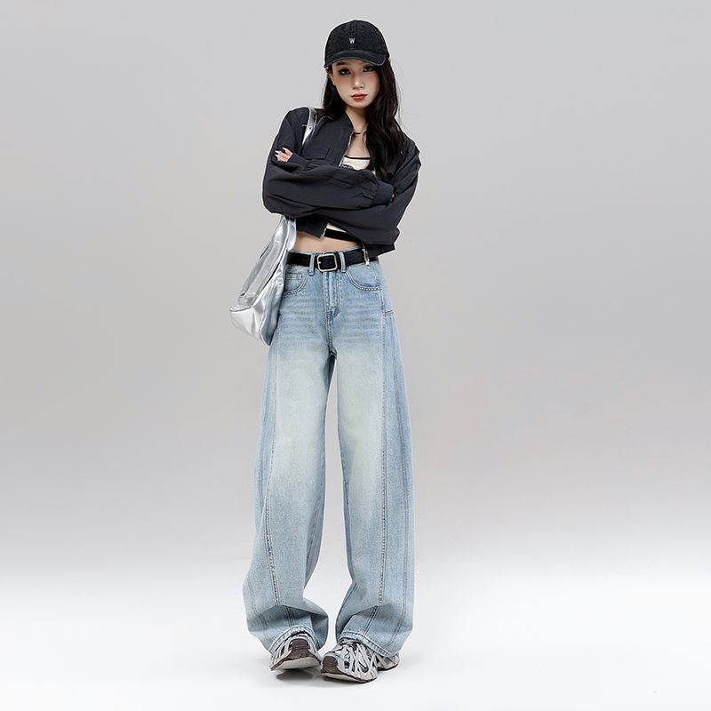 High Waist Curved Hem Straight Wide Leg Jeans Women Y2K Baggy Denim Trousers