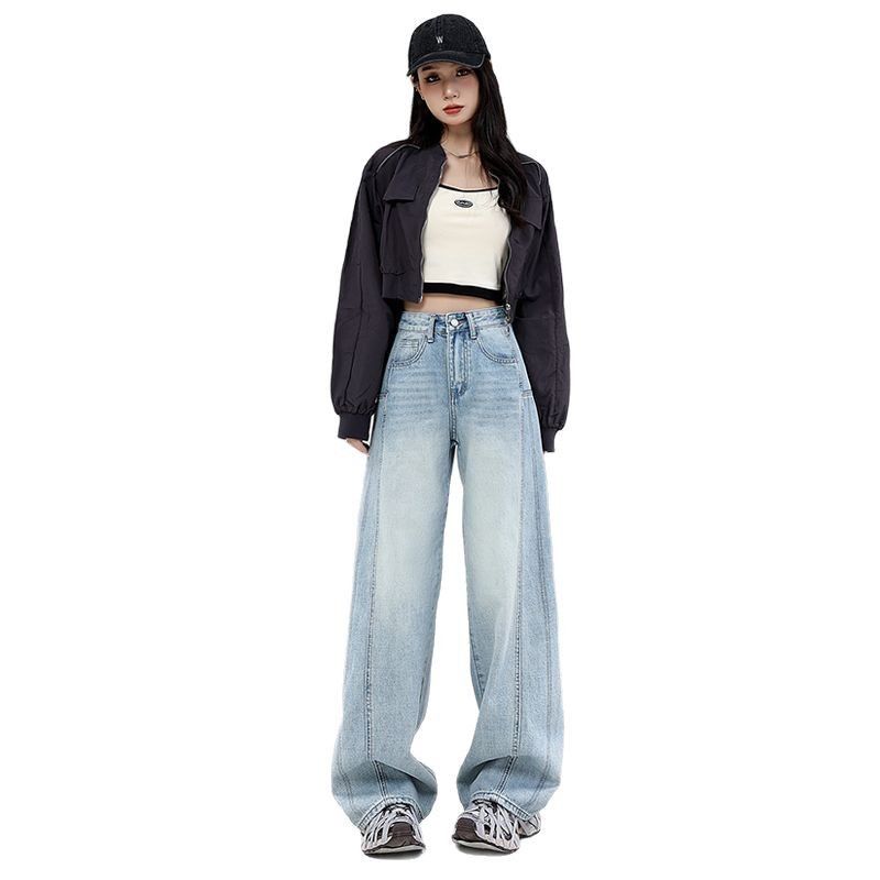 High Waist Curved Hem Straight Wide Leg Jeans Women Y2K Baggy Denim Trousers