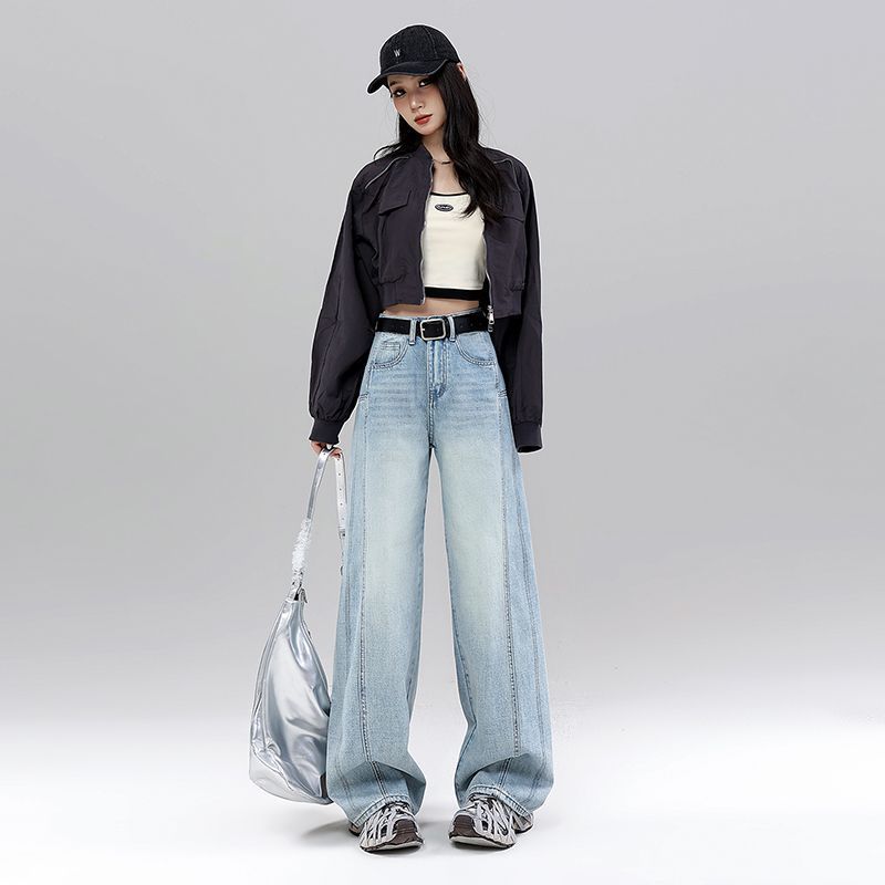 High Waist Curved Hem Straight Wide Leg Jeans Women Y2K Baggy Denim Trousers