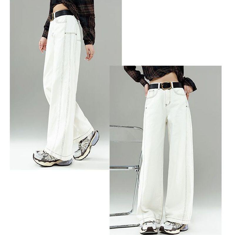 High Waist Curved Hem Straight Wide Leg Jeans Women Y2K Baggy Denim Trousers