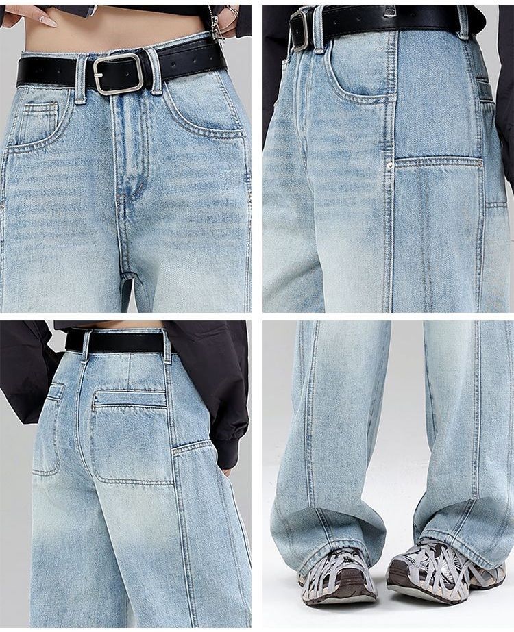 High Waist Curved Hem Straight Wide Leg Jeans Women Y2K Baggy Denim Trousers