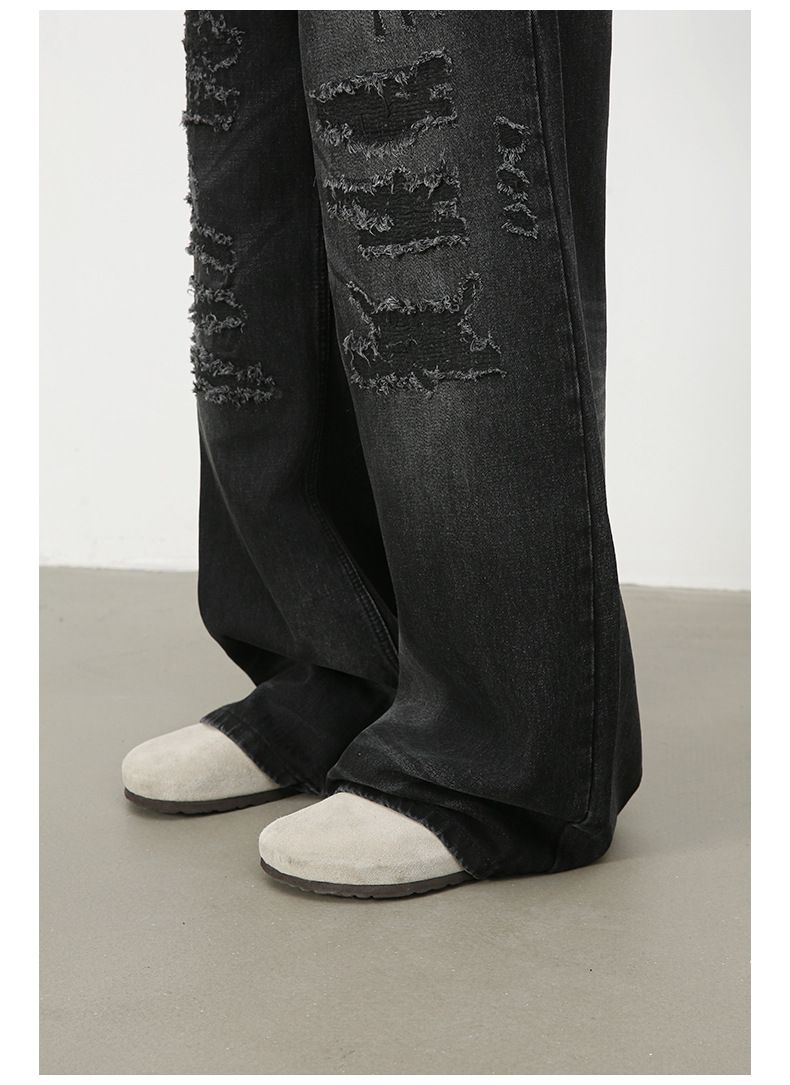 Hip Hop Baggy Jeans for Men Ripped Wide Leg Loose Fit Denim Pants Streetwear