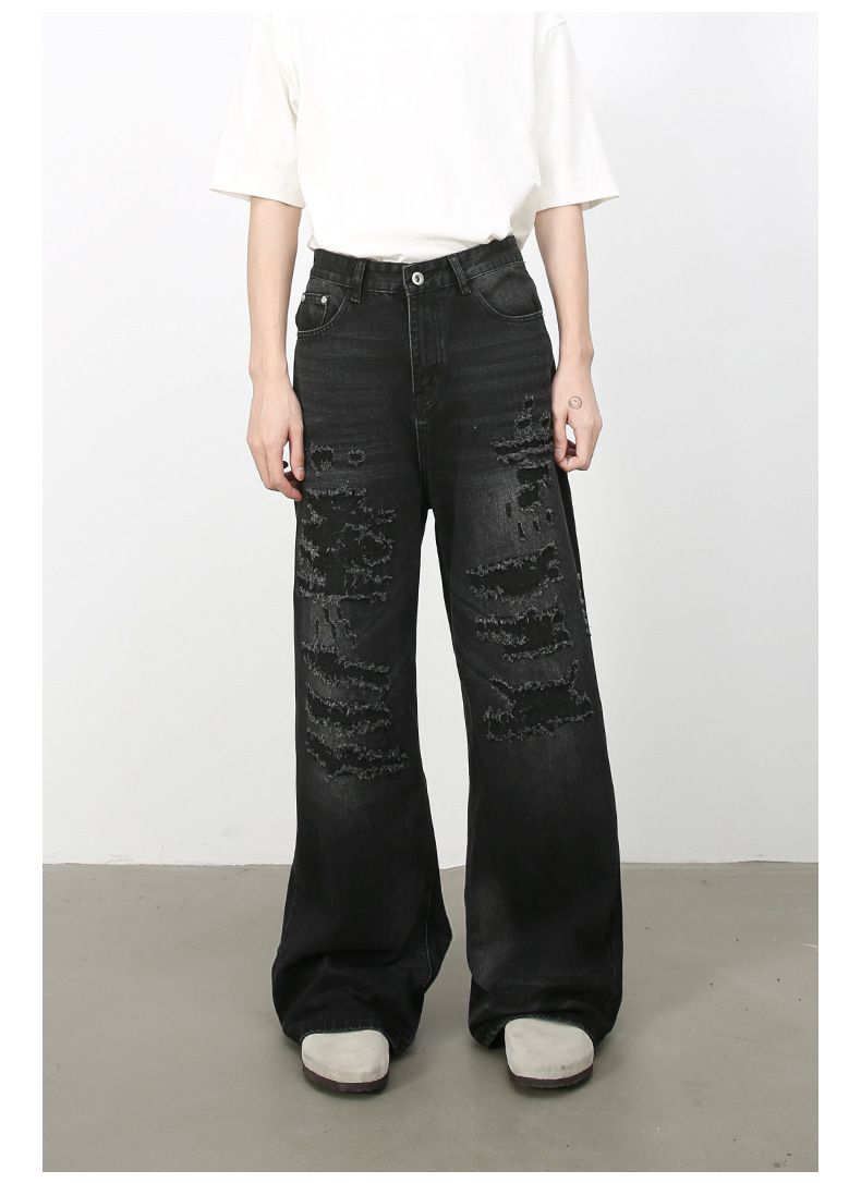 Hip Hop Baggy Jeans for Men Ripped Wide Leg Loose Fit Denim Pants Streetwear