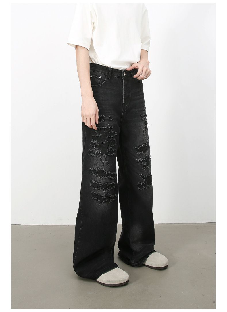 Hip Hop Baggy Jeans for Men Ripped Wide Leg Loose Fit Denim Pants Streetwear