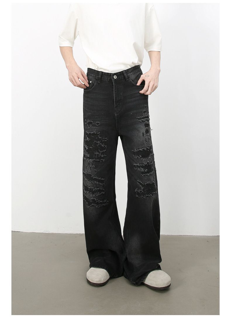 Hip Hop Baggy Jeans for Men Ripped Wide Leg Loose Fit Denim Pants Streetwear