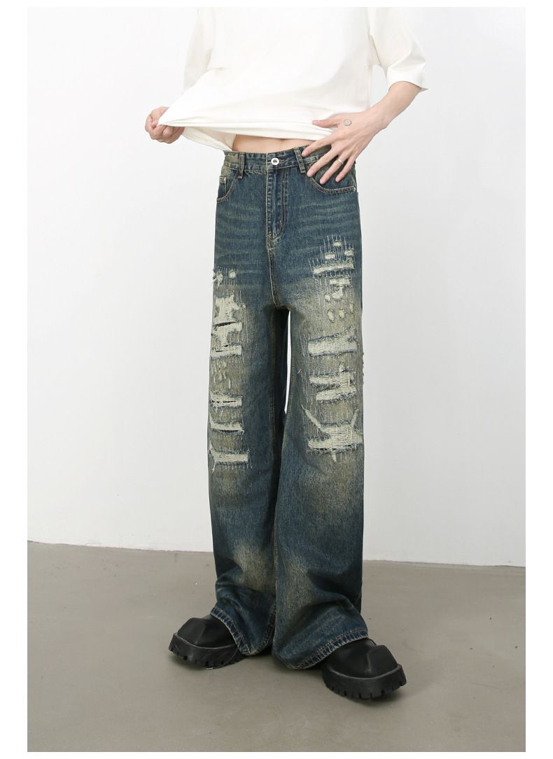 Hip Hop Baggy Jeans for Men Ripped Wide Leg Loose Fit Denim Pants Streetwear