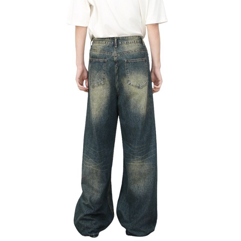 Hip Hop Baggy Jeans for Men Ripped Wide Leg Loose Fit Denim Pants Streetwear