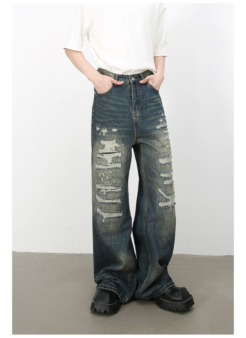Hip Hop Baggy Jeans for Men Ripped Wide Leg Loose Fit Denim Pants Streetwear