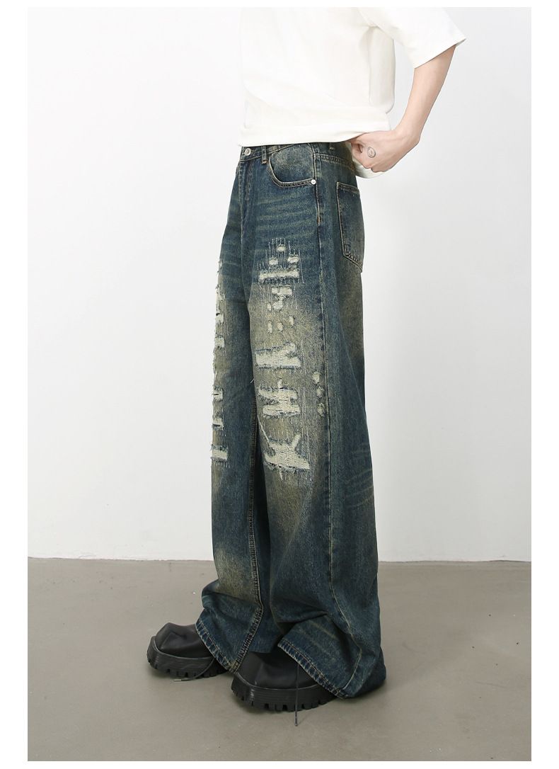 Hip Hop Baggy Jeans for Men Ripped Wide Leg Loose Fit Denim Pants Streetwear