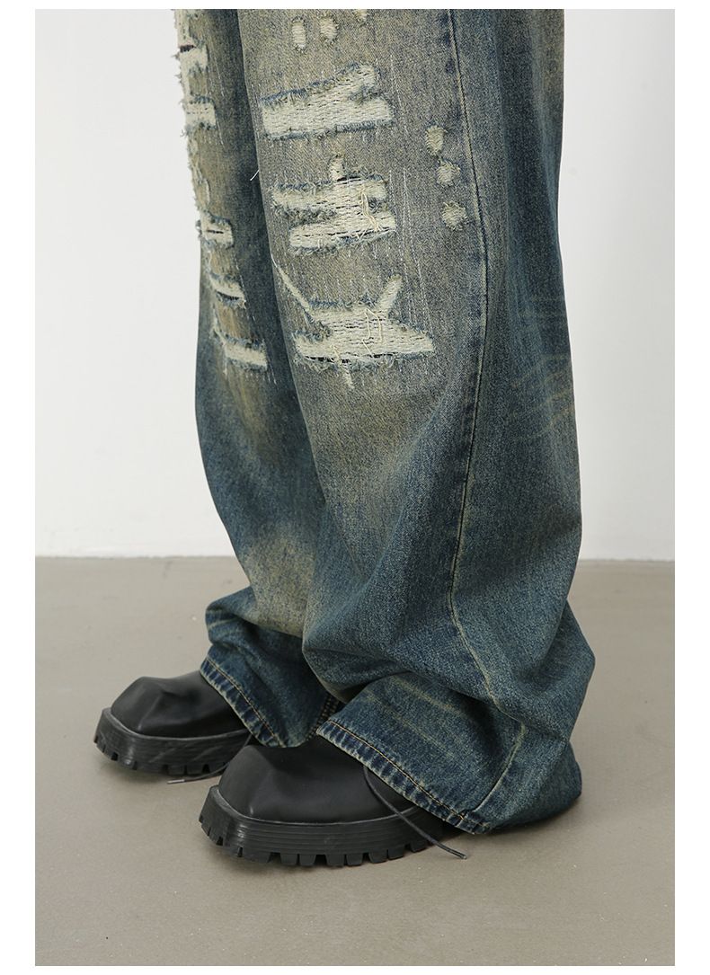 Hip Hop Baggy Jeans for Men Ripped Wide Leg Loose Fit Denim Pants Streetwear