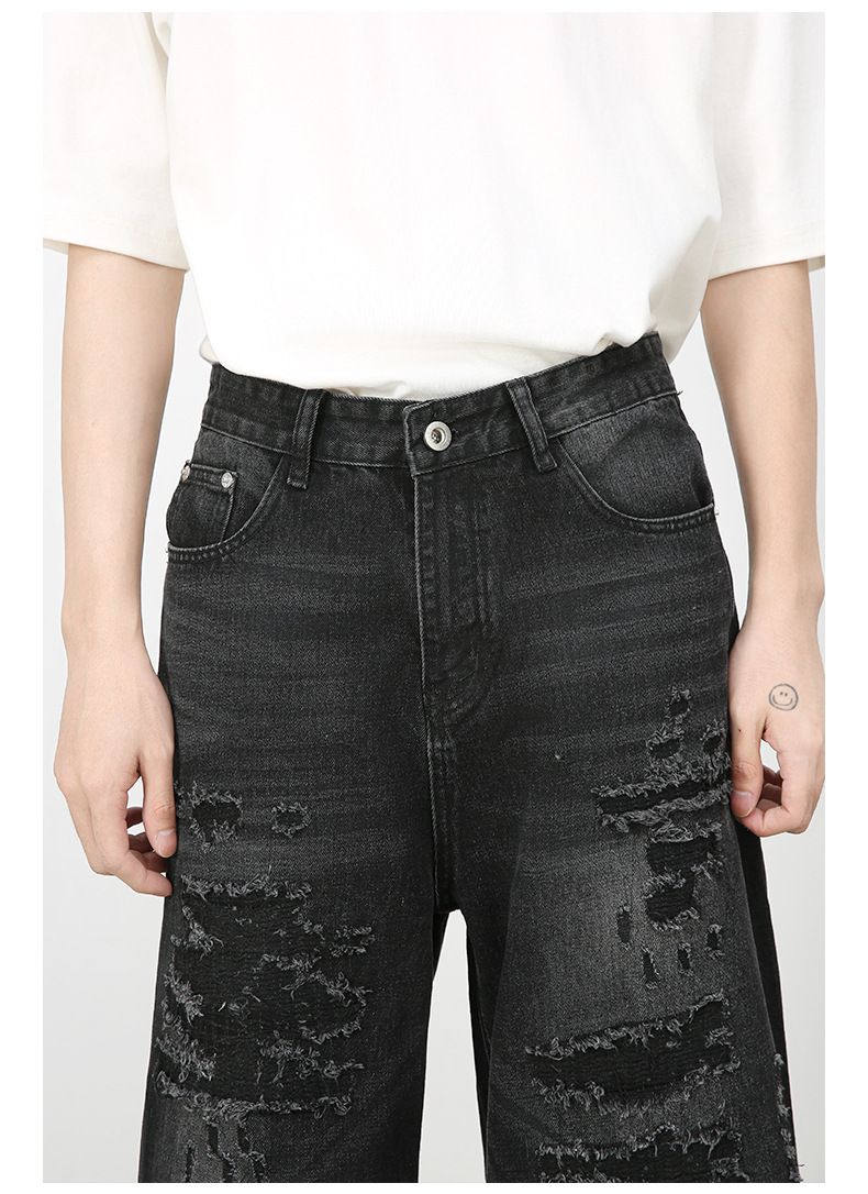 Hip Hop Baggy Jeans for Men Ripped Wide Leg Loose Fit Denim Pants Streetwear