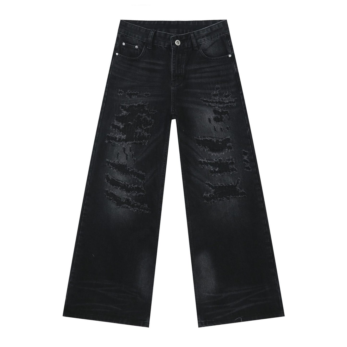 Hip hop baggy jeans for men ripped wide leg loose fit denim pants streetwear in black, flat lay front