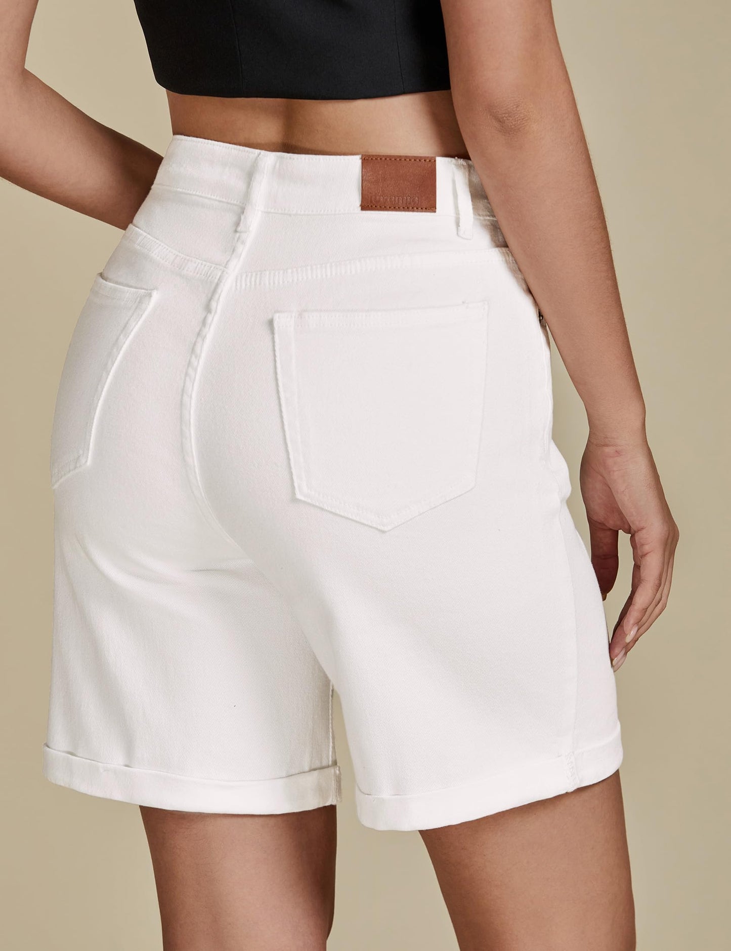 Jean Shorts Women High Waisted Summer Fold Hem Stretchy Denim Shorts white color with back view