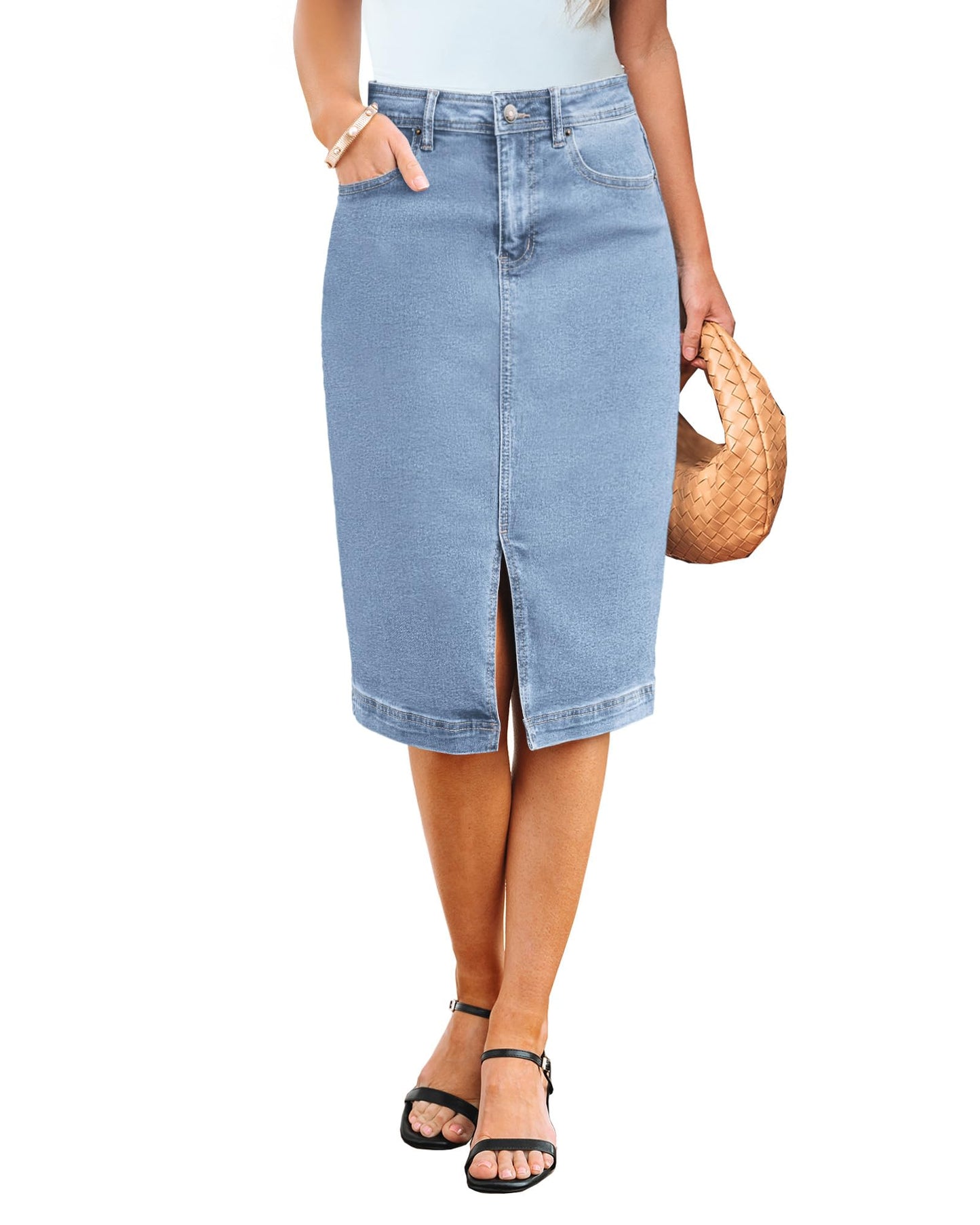 Jean Skirts Women Midi Denim Skirt High Waisted Pencil Skirt with Slit