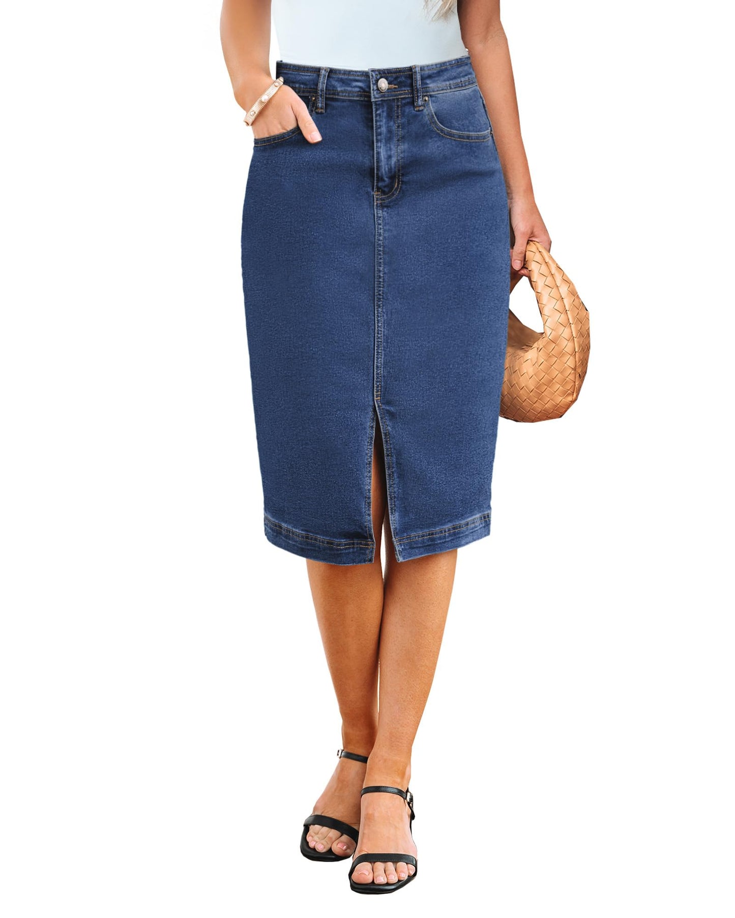 Jean Skirts Women Midi Denim Skirt High Waisted Pencil Skirt with Slit