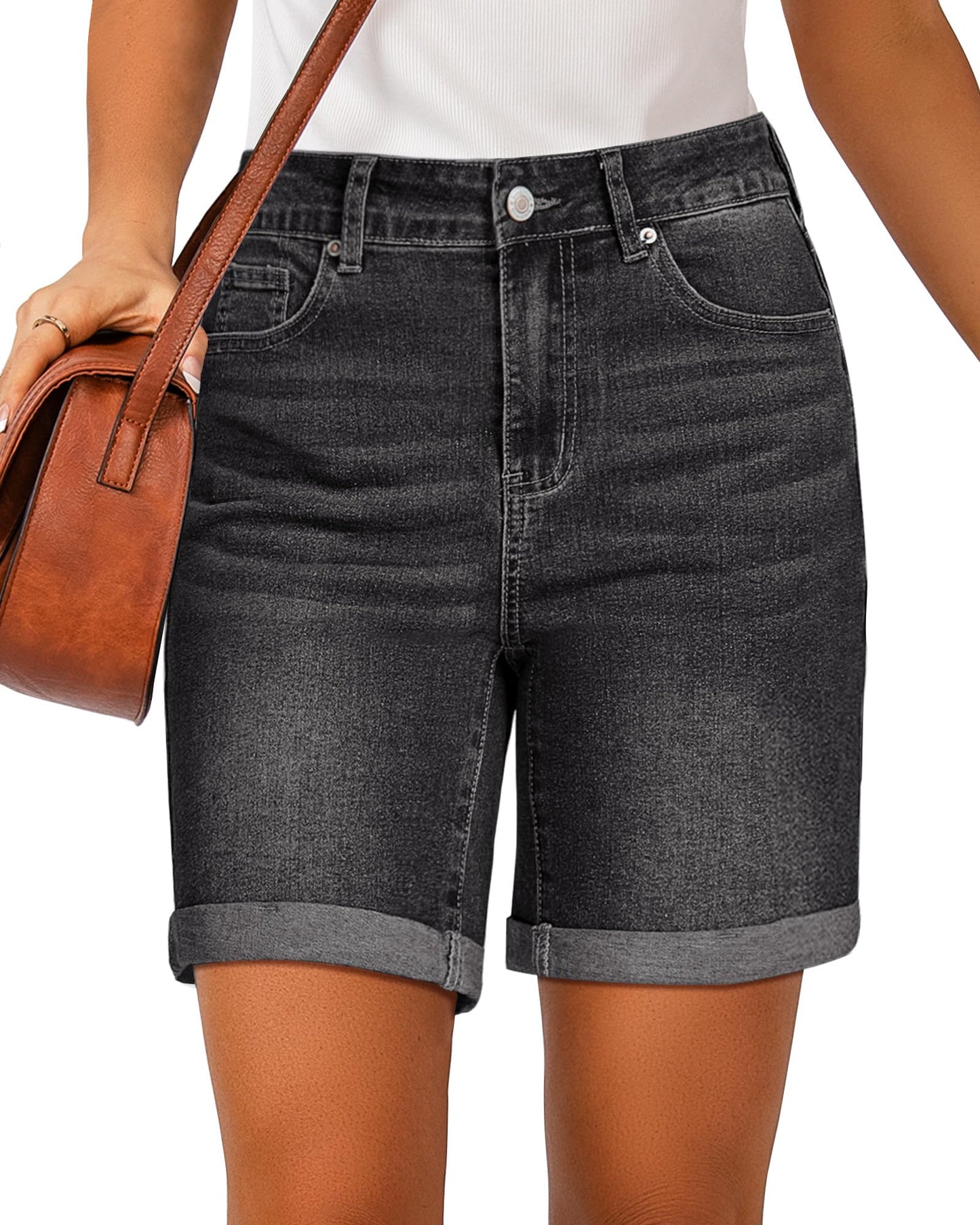 Jean Shorts Women High Waisted Summer Fold Hem Stretchy Denim Shorts