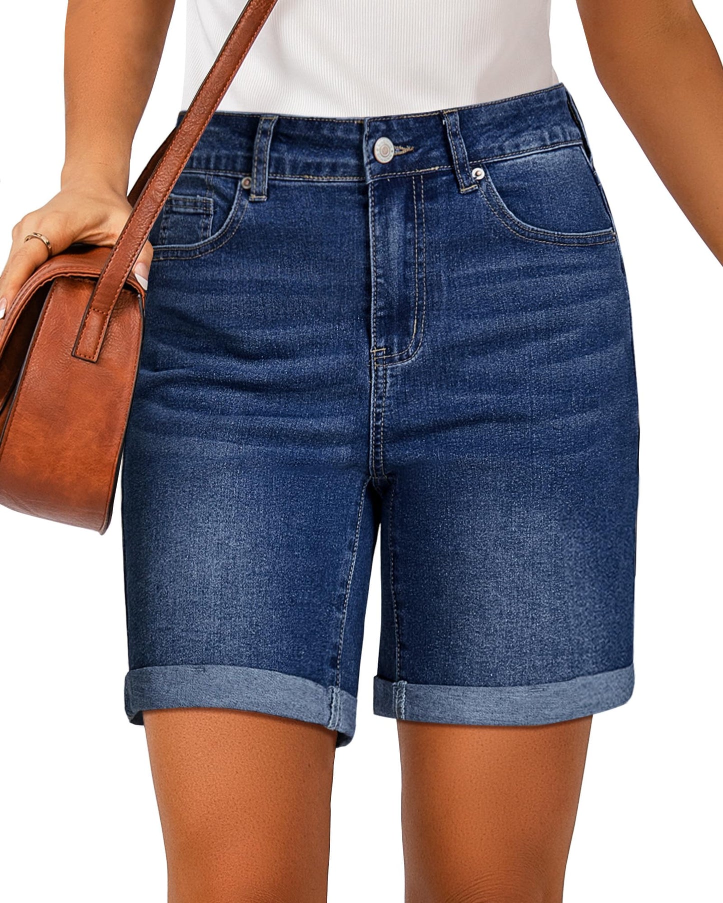 Jean Shorts Women High Waisted Summer Fold Hem Stretchy Denim Shorts