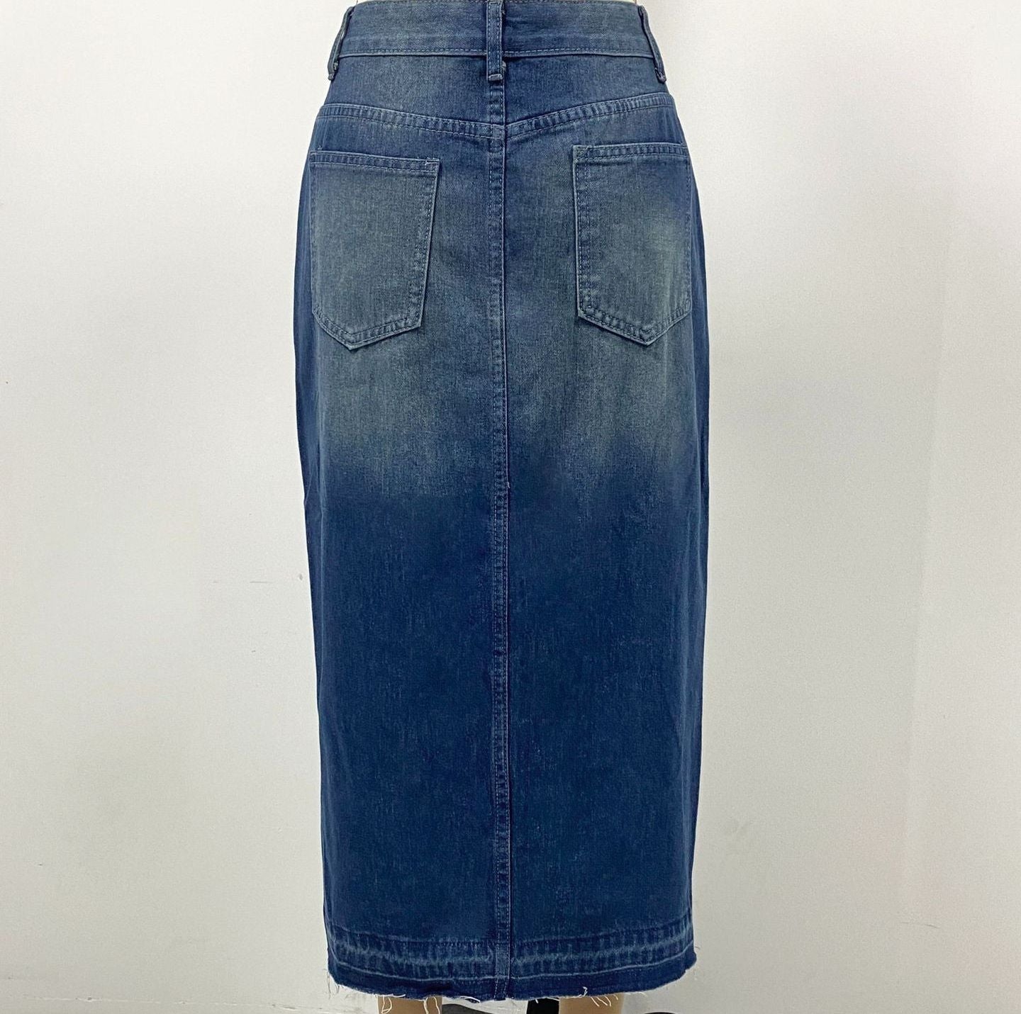 Jean Skirts Women Midi Denim Skirt High Waisted Pencil Skirt with Front Slit navy color with back view