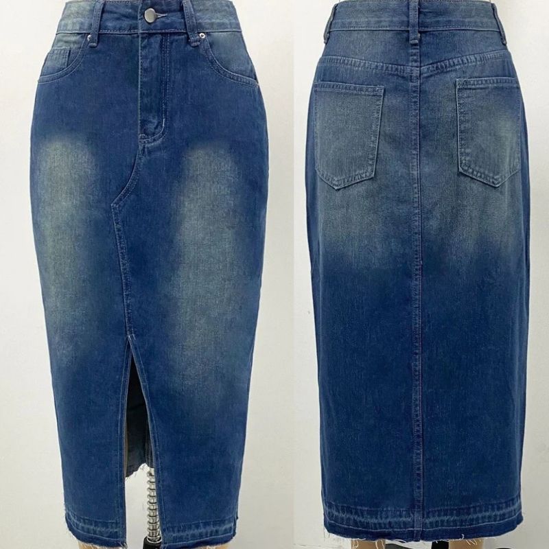 women midi denim high waisted pencil skirt with front slit in navy, front and back views