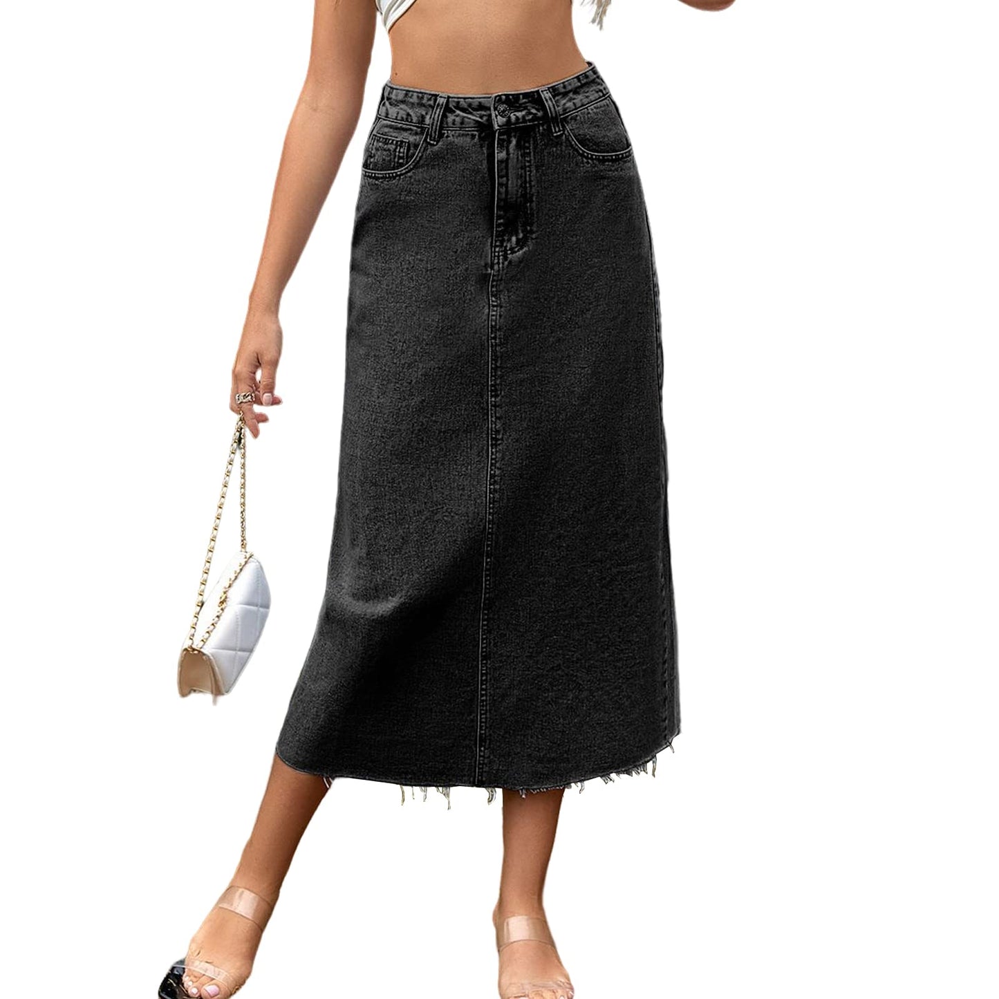 Long Denim Skirts for Women Maxi High Waist A-line Flare Jean Skirt