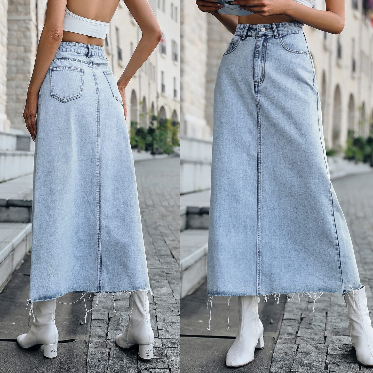 Long Denim Skirts for Women Maxi High Waist A-line Flare Jean Skirt