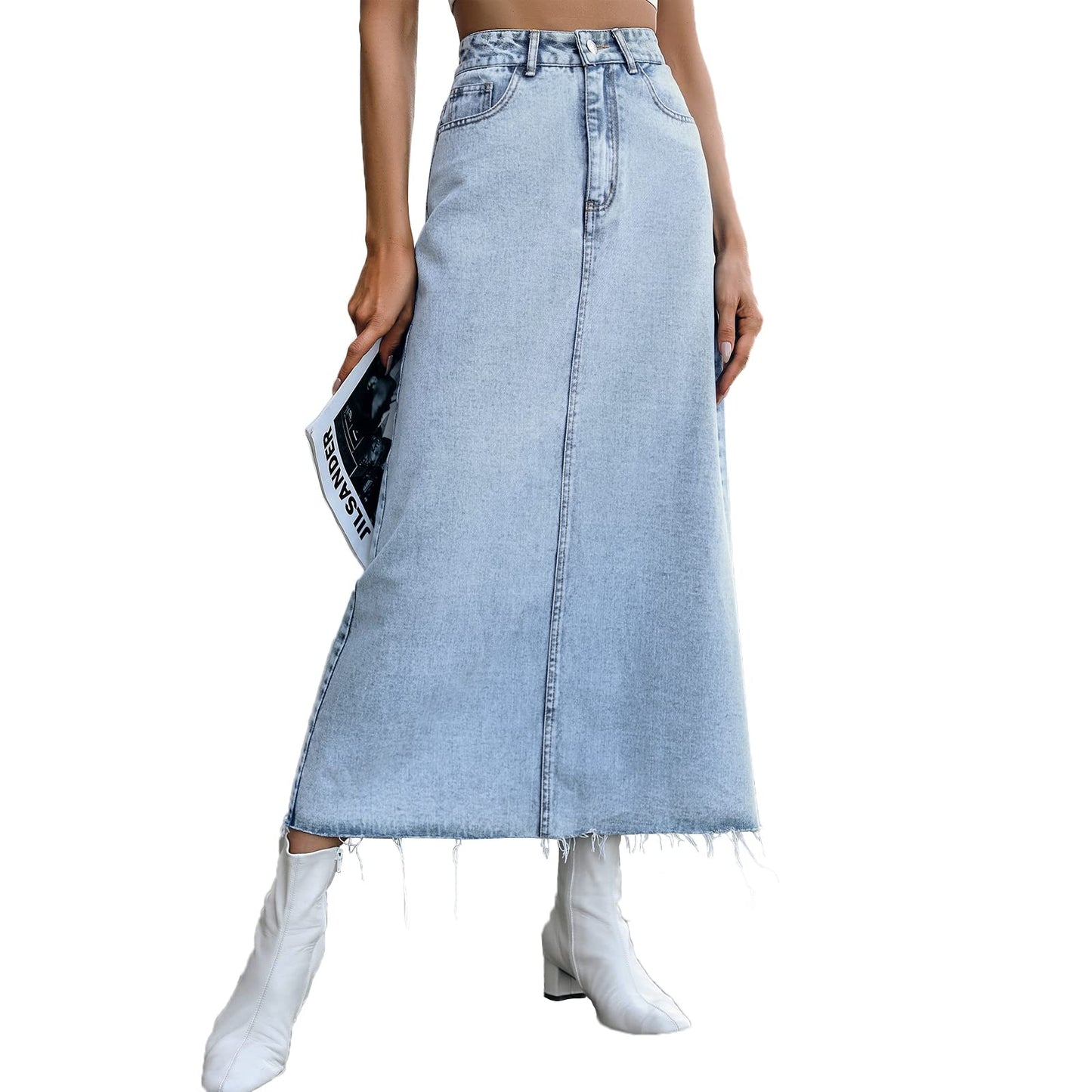Long Denim Skirts for Women Maxi High Waist A-line Flare Jean Skirt