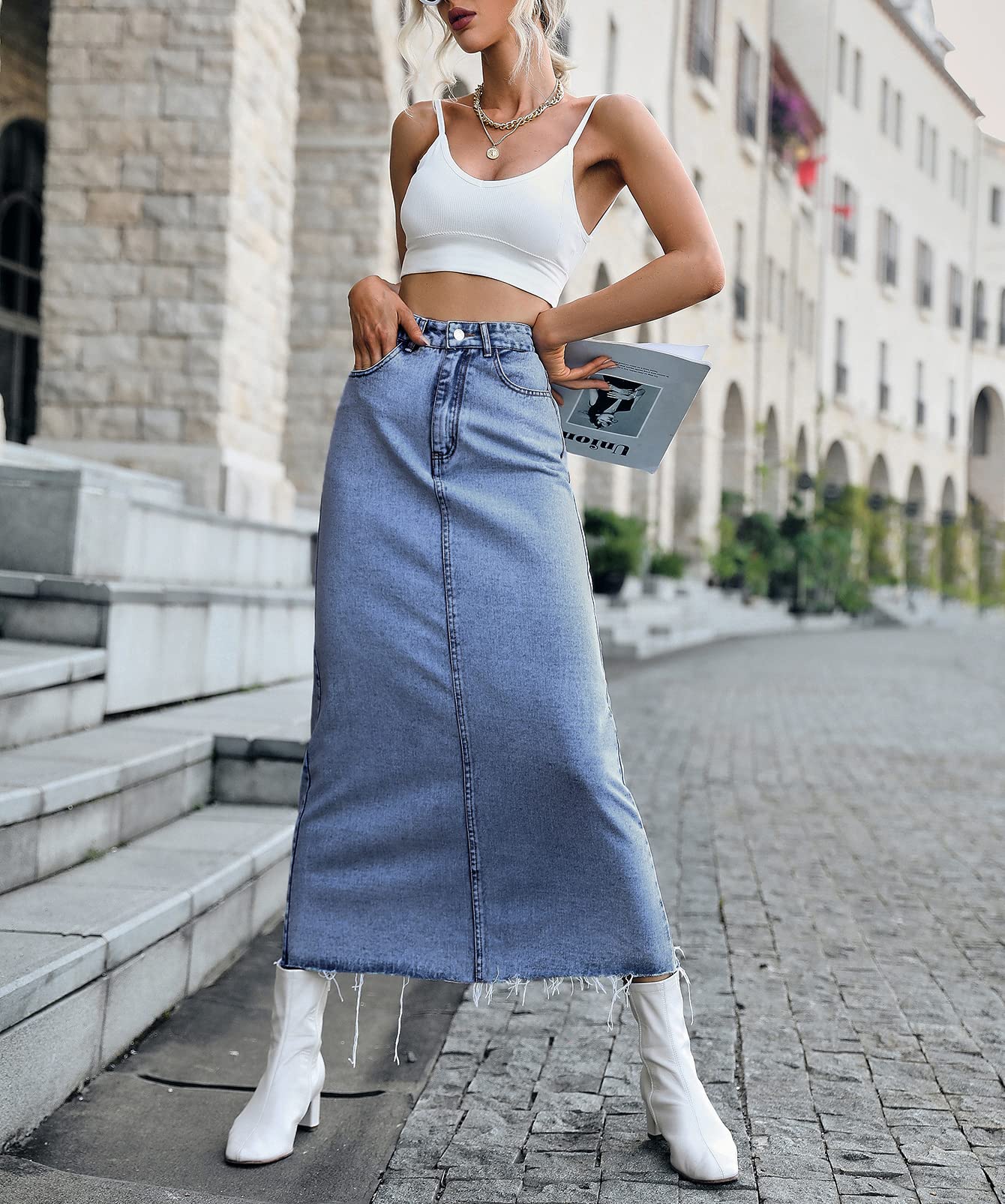Long Denim Skirts for Women Maxi High Waist A-line Flare Jean Skirt