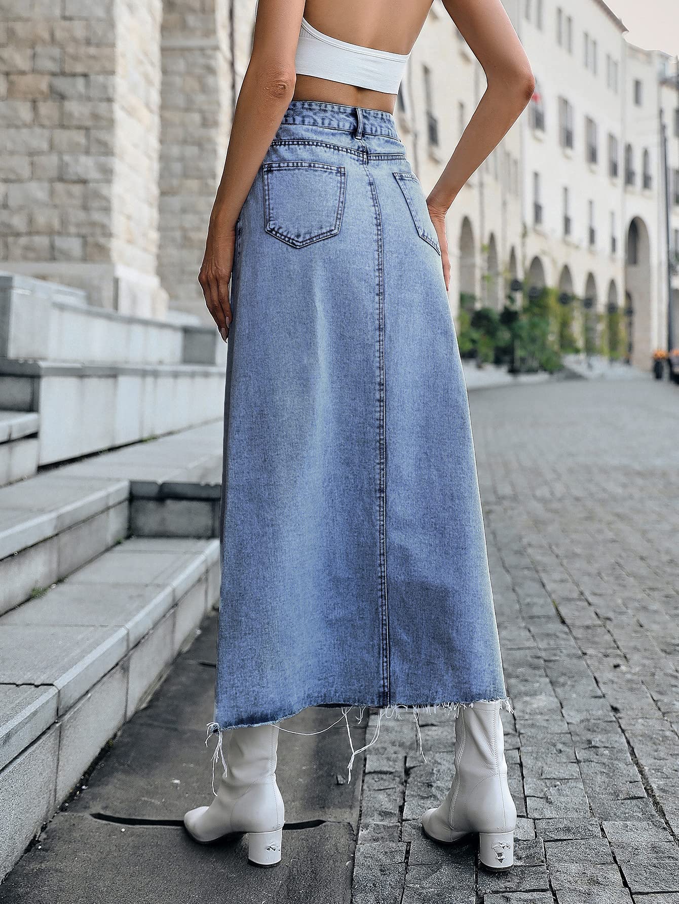 Long Denim Skirts for Women Maxi High Waist A-line Flare Jean Skirt