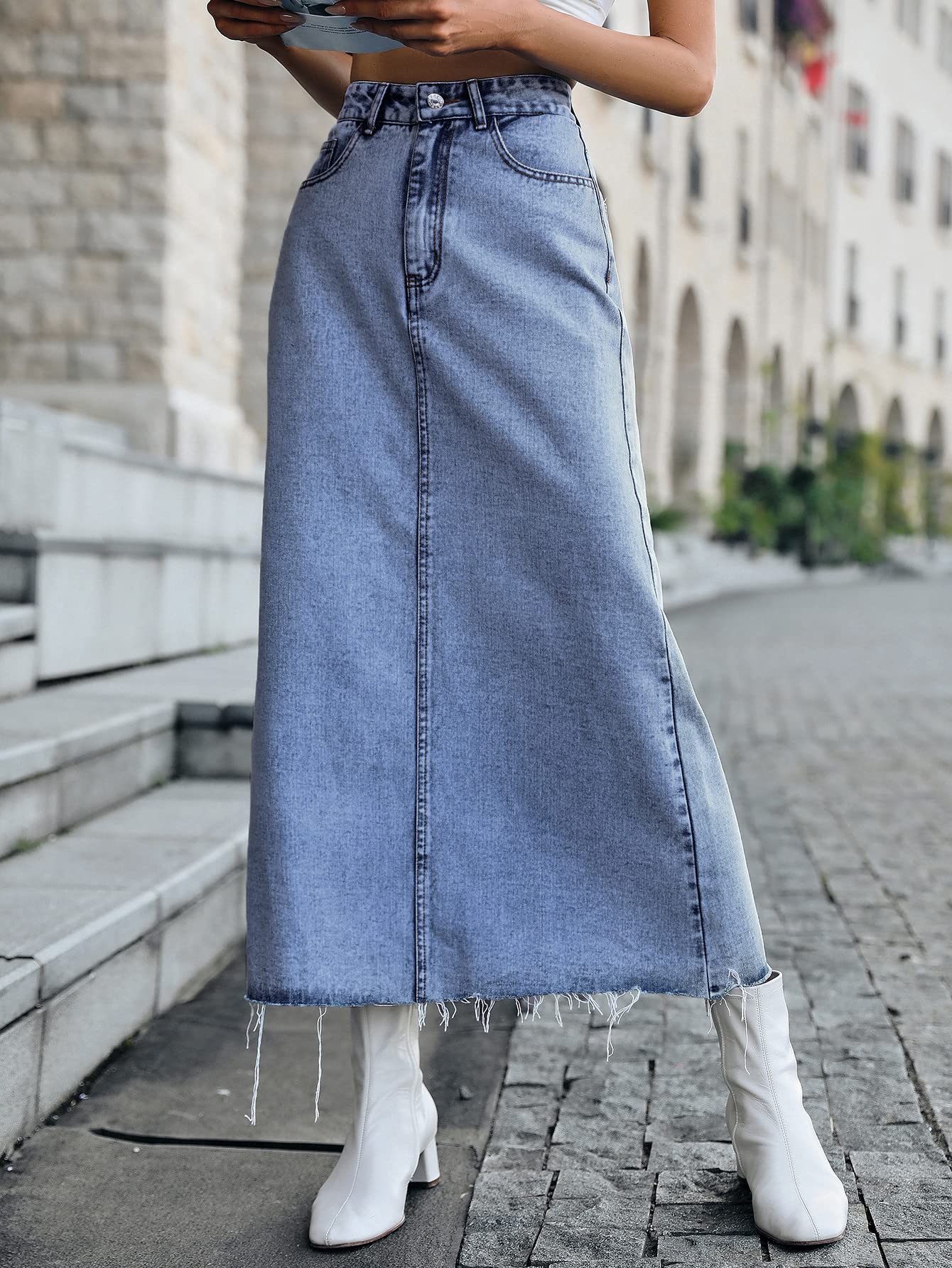 Long Denim Skirts for Women Maxi High Waist A-line Flare Jean Skirt