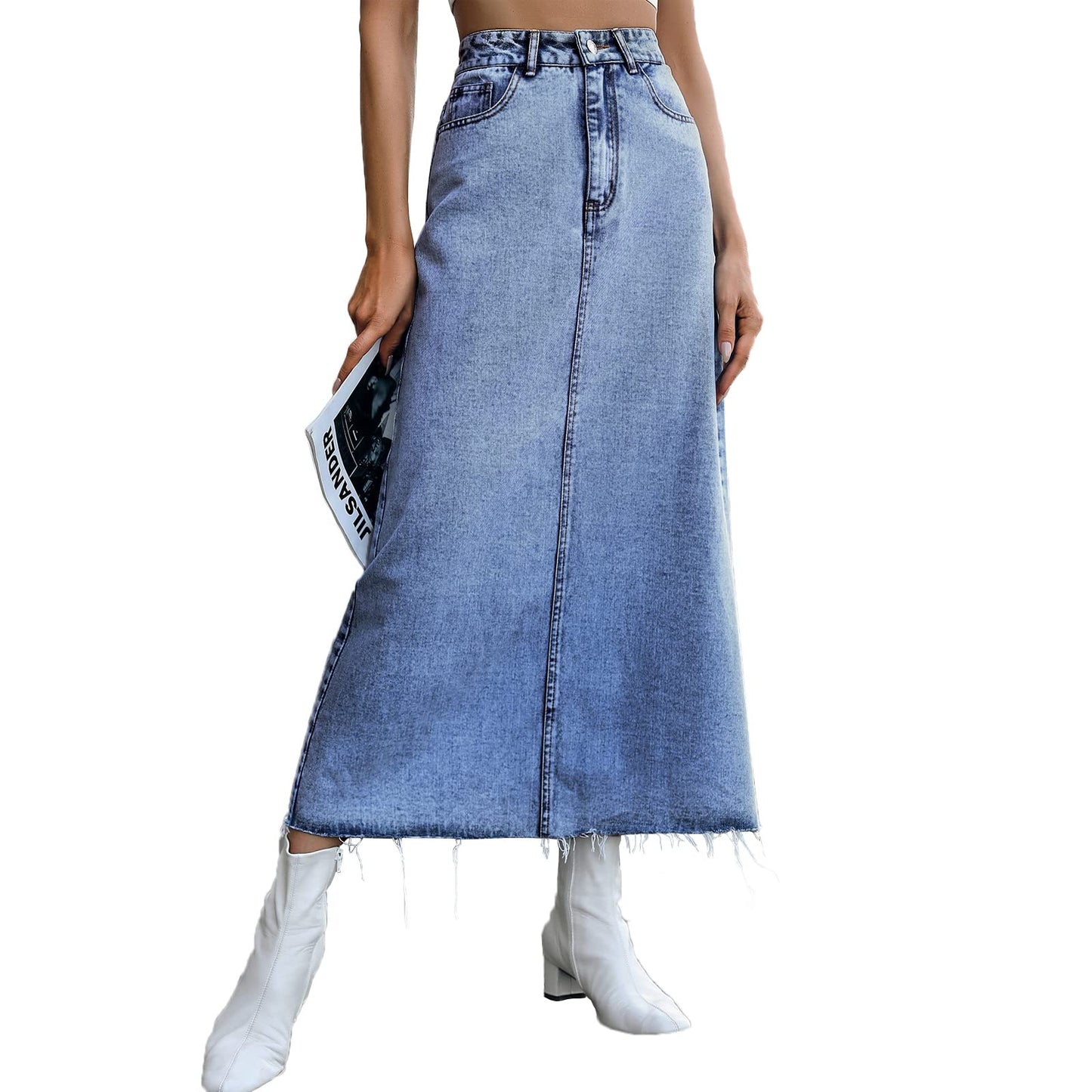 Long Denim Skirts for Women Maxi High Waist A-line Flare Jean Skirt